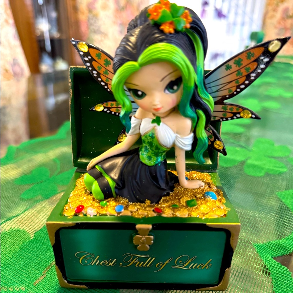 The Bradford Exchange Chest Full of Luck Fairy Figurine - Green and Gold